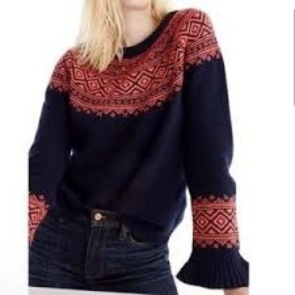 J. Crew Fair Isle Nordic Knit Sweater With Orange & Black Ruffle Sleeve - Picture 1 of 11